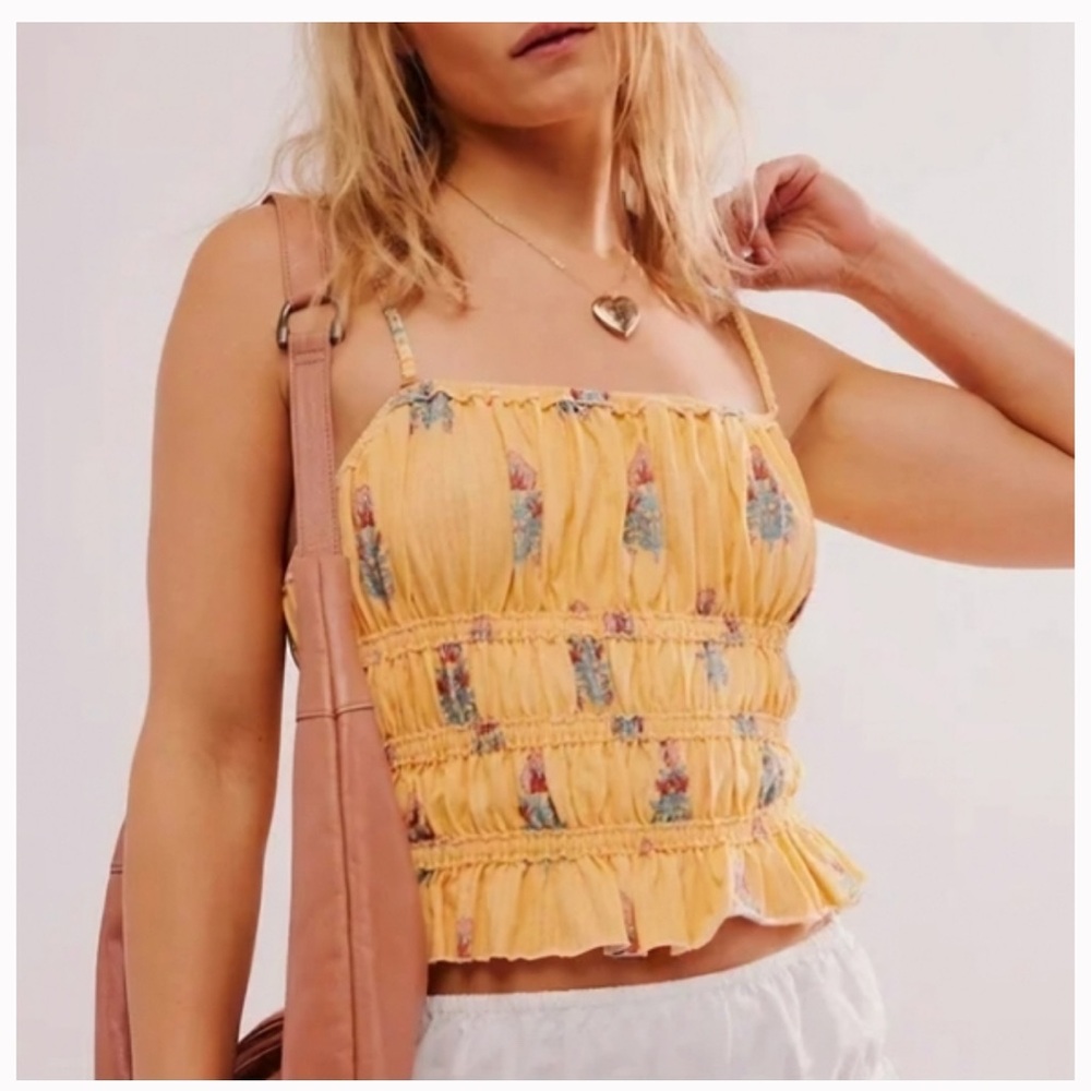 Free People Yellow Smocked Ruffled Camisole